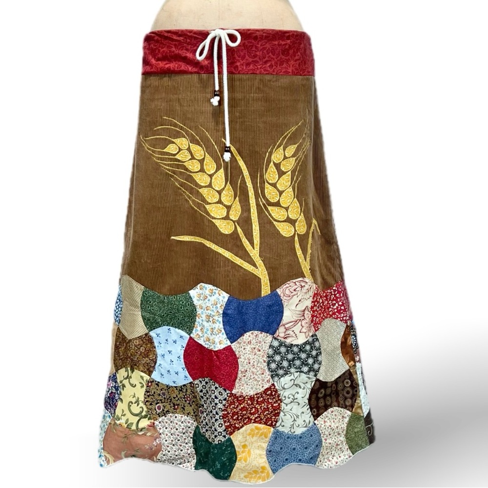Patchwork appliqué autumn wheat harvest maxi‎ skirt corduroy drawstring hippie